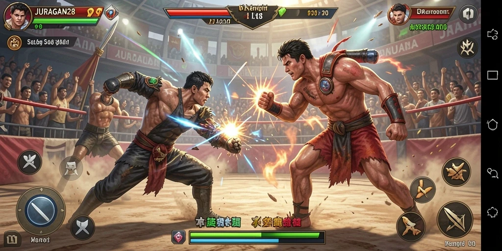 Gameplay seru dalam JURAGAN28 saat karakter bertarung di arena.