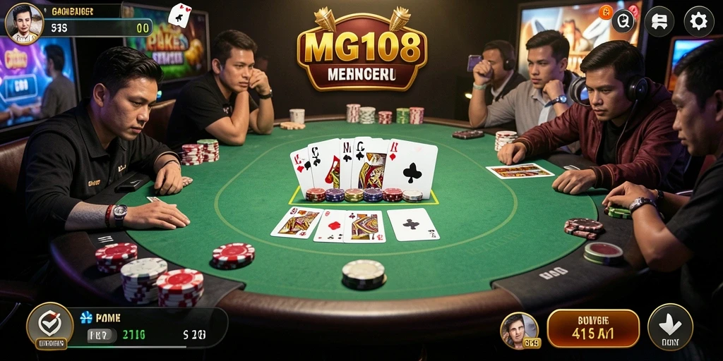 Screenshot utama MG108 menampilkan suasana permainan Poker yang seru dan interaktif.