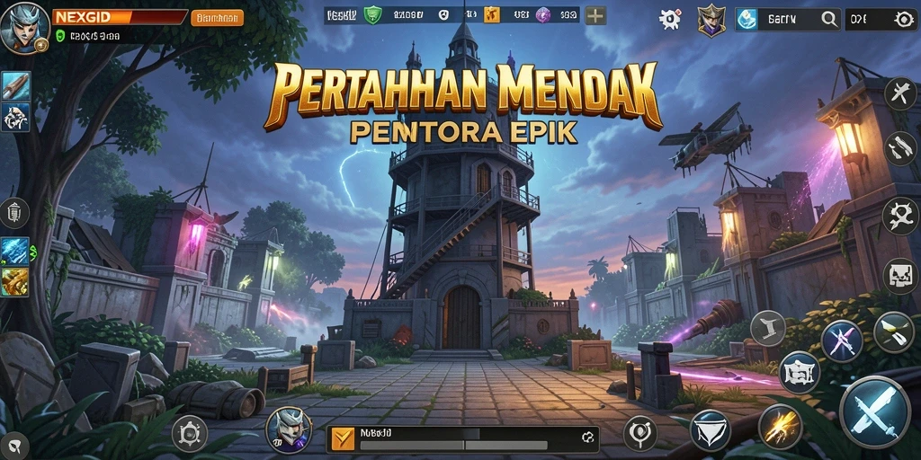 Tangkapan layar menampilkan aksi menara pertahanan dalam pertempuran yang seru.