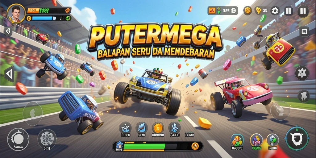 Screenshot PUTERMEGA menampilkan aksi balapan yang penuh ketegangan dan kecepatan.