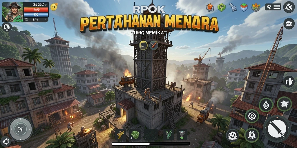 Tampilan gameplay RPOK yang mendebarkan dengan menara pertahanan aktif.