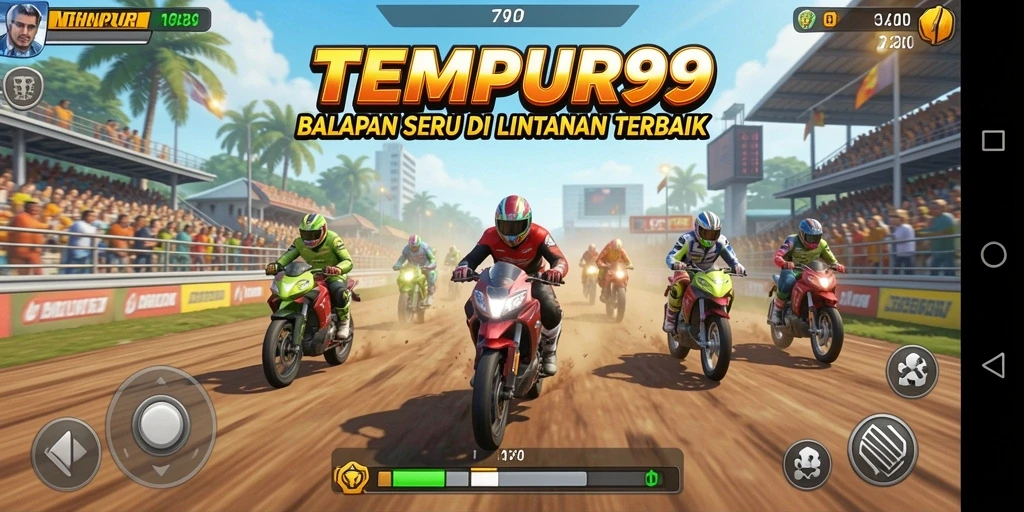 Screenshot TEMPUR99 menunjukkan aksi balapan intens dan grafis menawan.