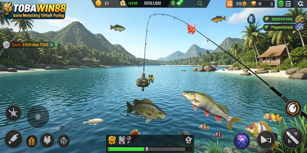 Screenshot gameplay TOBAWIN88 menampilkan momen seru saat memancing ikan.